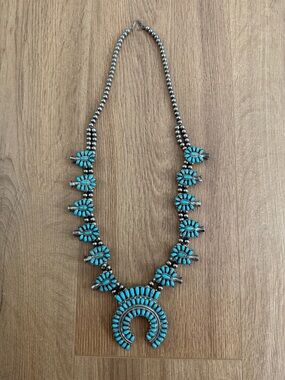 Vintage Zuni Squash Blossom Necklace - Navajo - Sterling Silver-Turquoise